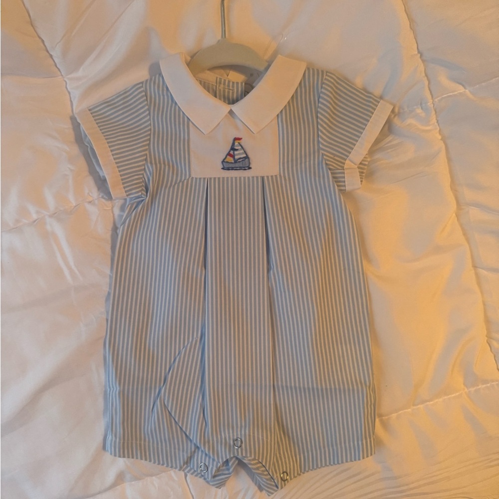 Baby Blue Striped Sailboat Romper